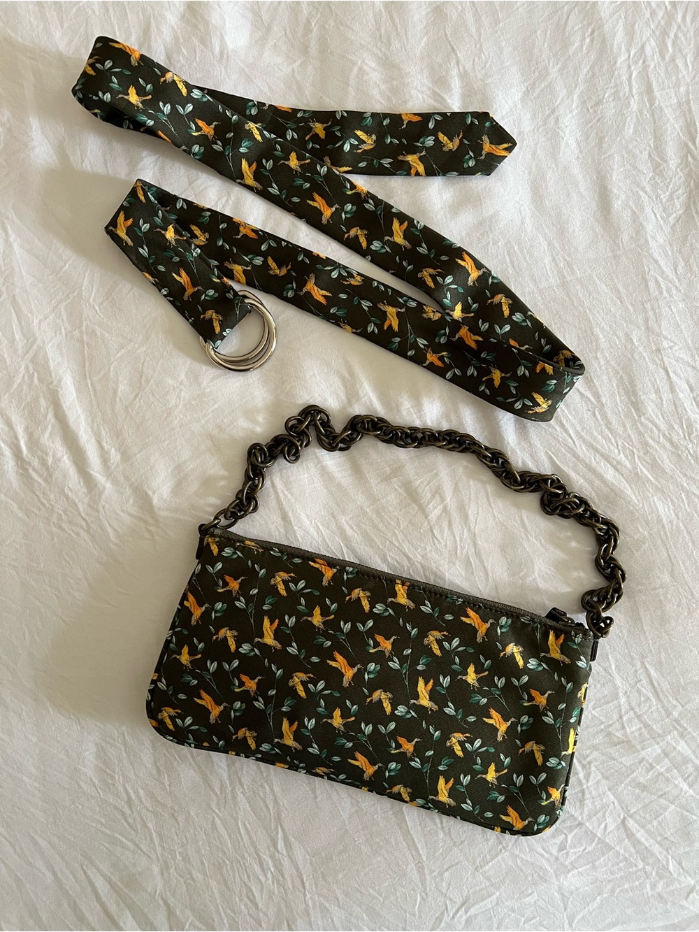 Small Floral Print Chain-Handle silk Bag and belt in Dark Green and Yellow.